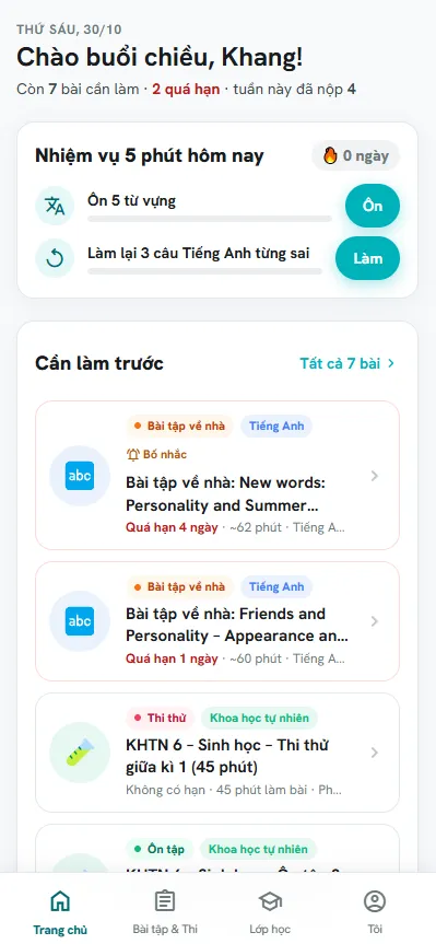 Màn hình trang chủ của học sinh trong app Tiny Ant: nhiệm vụ hôm nay và bài cần làm trước