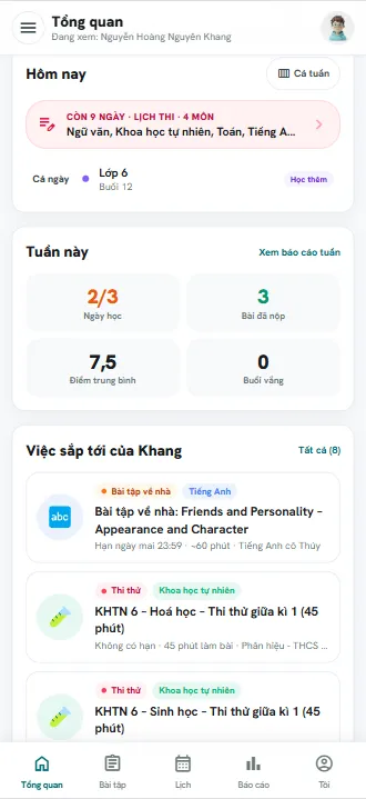 Màn hình hôm nay dành cho phụ huynh trong app Tiny Ant